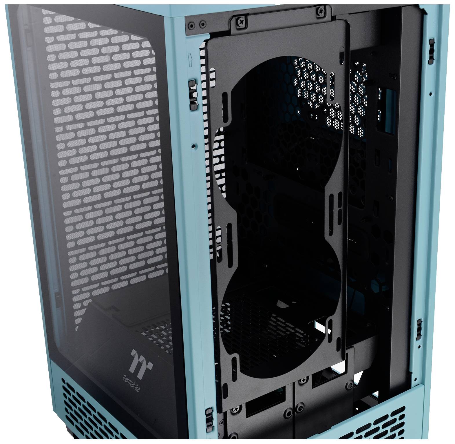 A PC case in turquoise with an open side panel, revealing the interior of the case with fan mounting points and a mesh design for ventilation.
