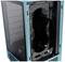 A PC case in turquoise with an open side panel, revealing the interior of the case with fan mounting points and a mesh design for ventilation.