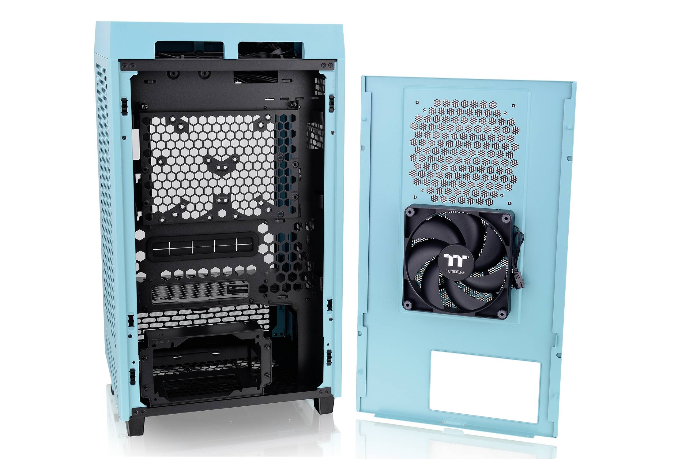 An open, turquoise computer case with the front panel removed reveals fans and space for hardware components.
