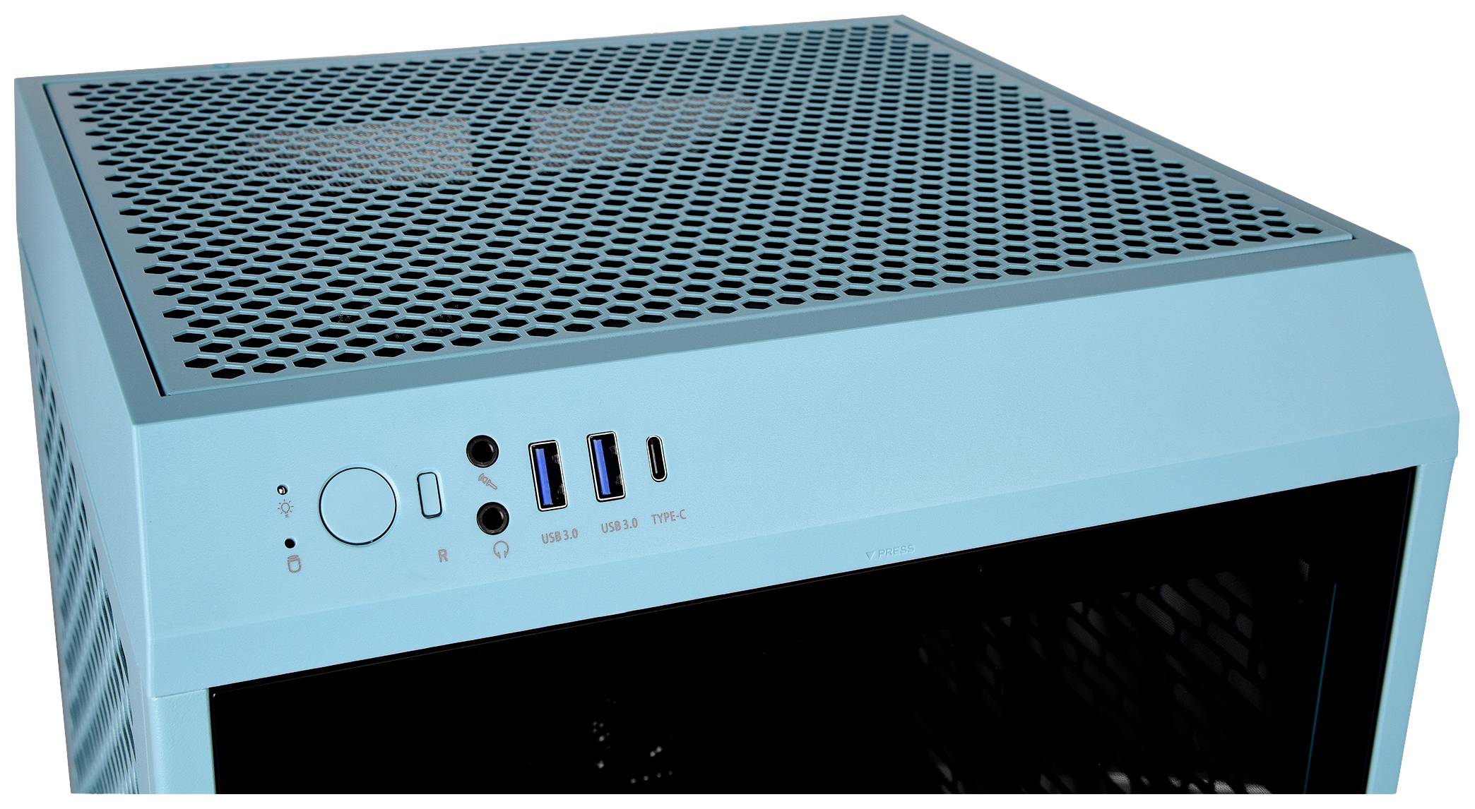 A blue computer case with a perforated top surface. At the front, USB and audio ports, as well as a power button are visible.