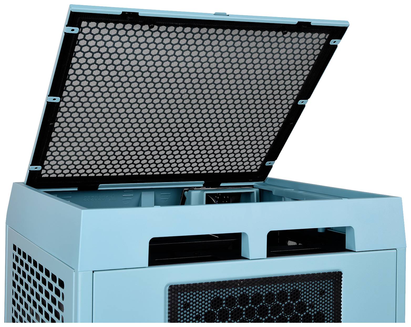 An open air purifier with a visible, hexagonal filter element on the top. The device has a blue housing colour.