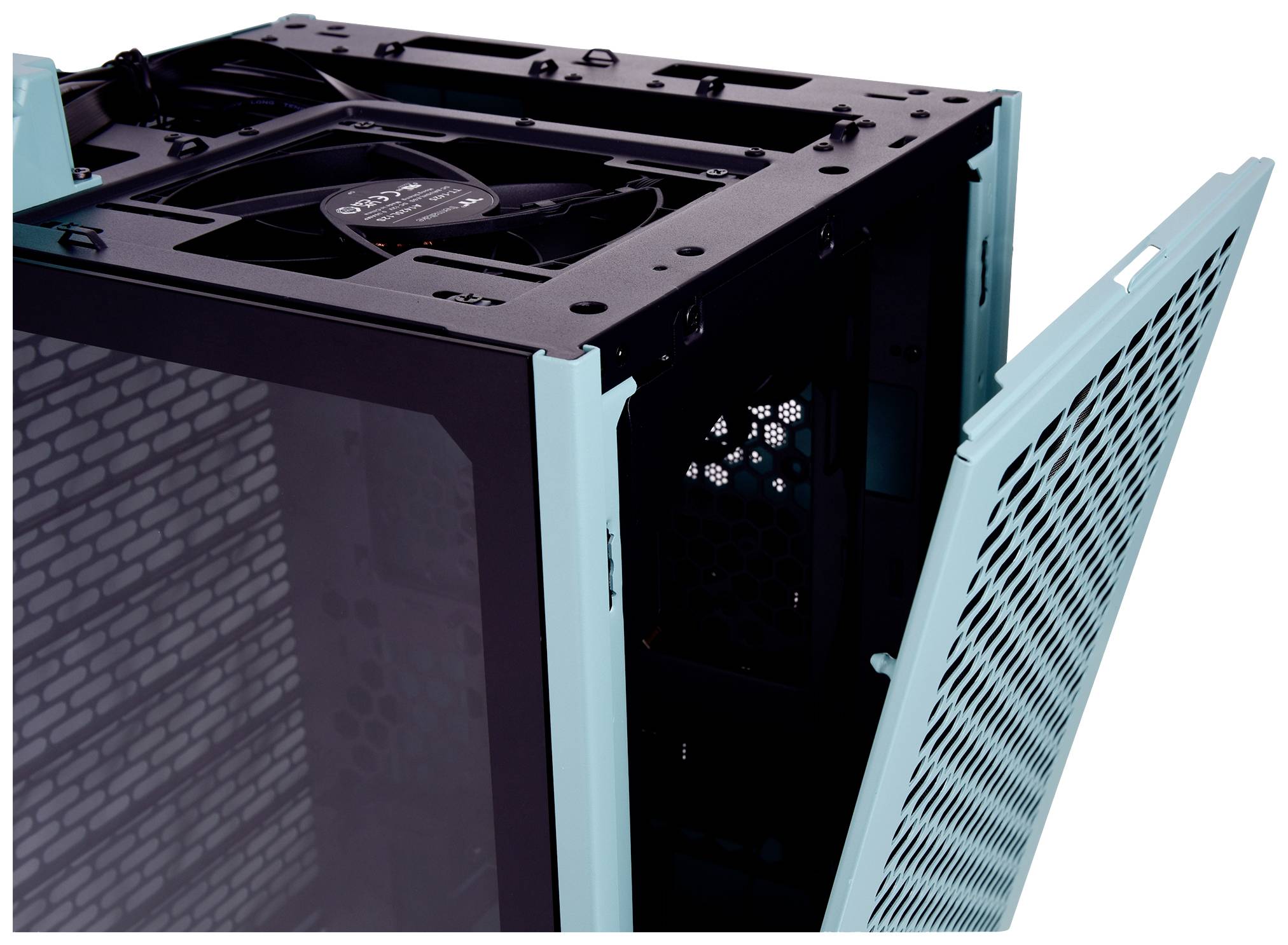 Opened turquoise computer case with a black interior and fan on top, suitable for PC component installation.