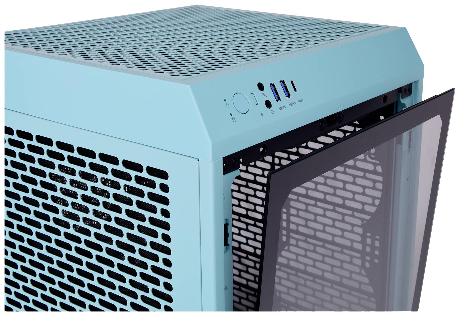 An open, turquoise computer case with a side panel, revealing the ventilation slots and ports on the top surface.