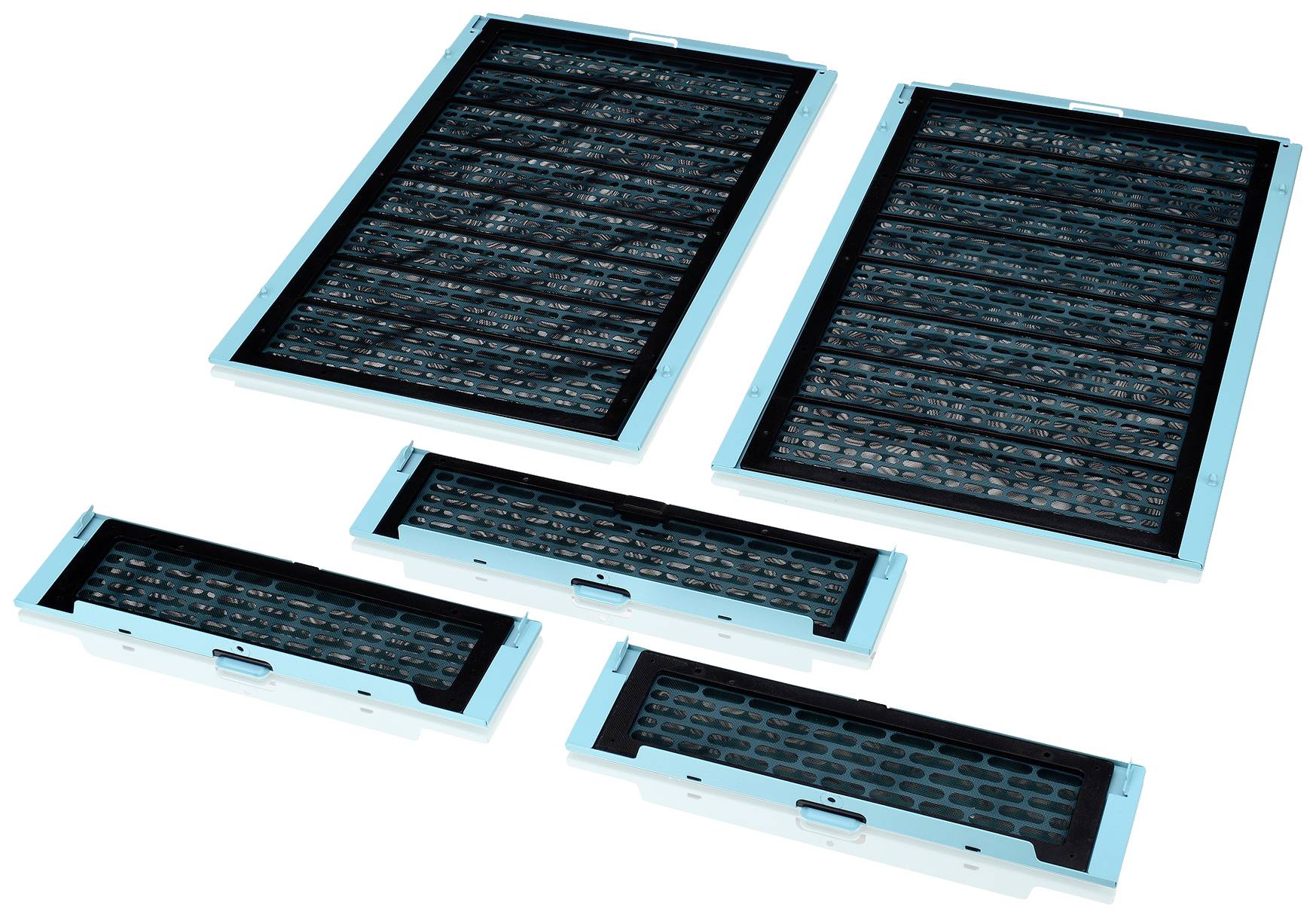 Five rectangular, turquoise air filters of varying sizes on a white background, for air purification in ventilation systems.