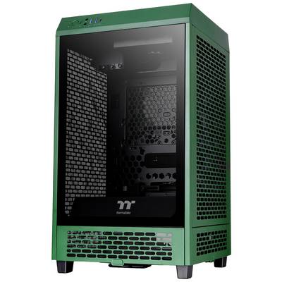 Green PC case with a transparent side panel, showing internal compartment and ventilation grille.