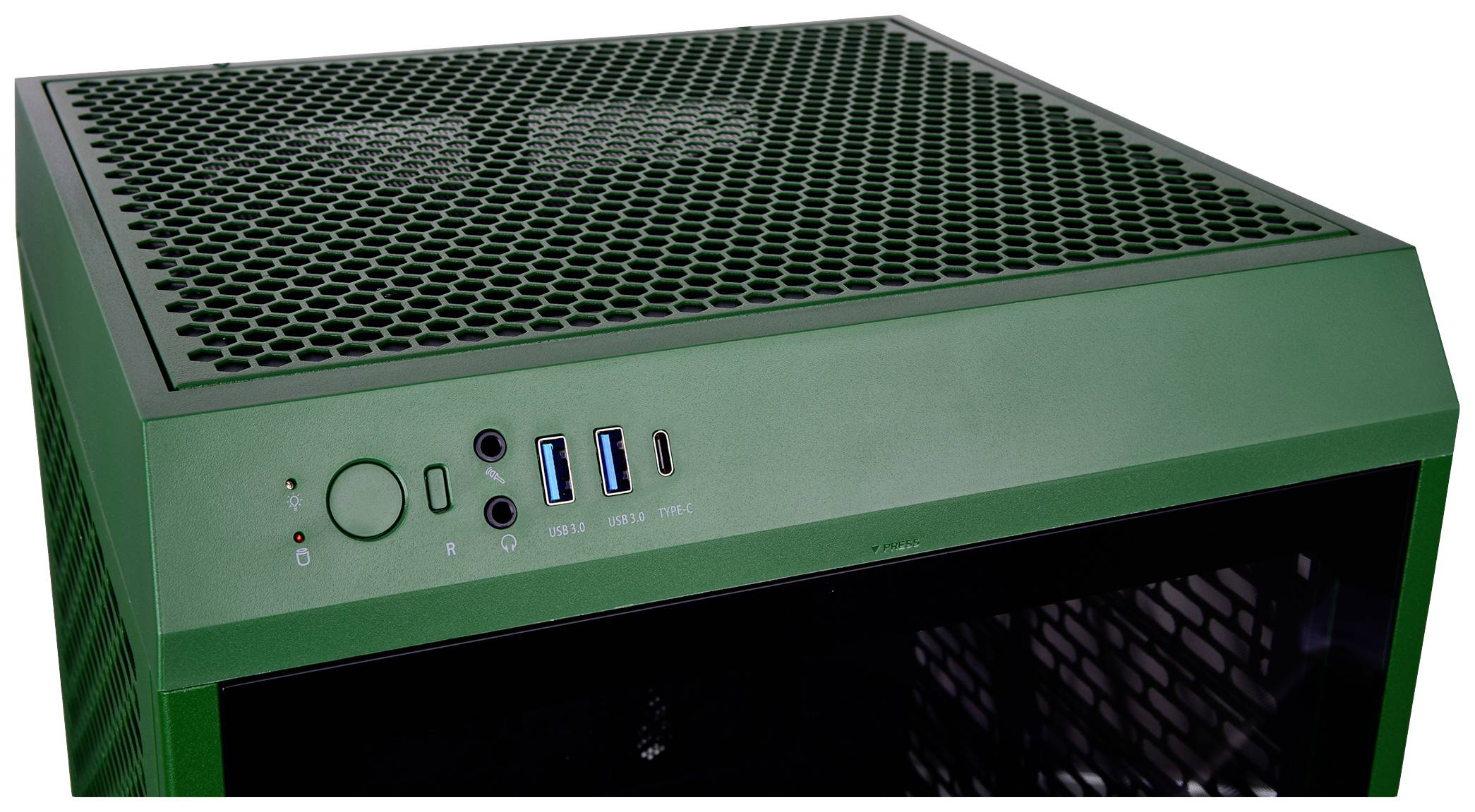 Green computer case with mesh top panel. On the front, there is a power button, audio ports, and multiple USB ports.