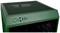 Green computer case with mesh top panel. On the front, there is a power button, audio ports, and multiple USB ports.