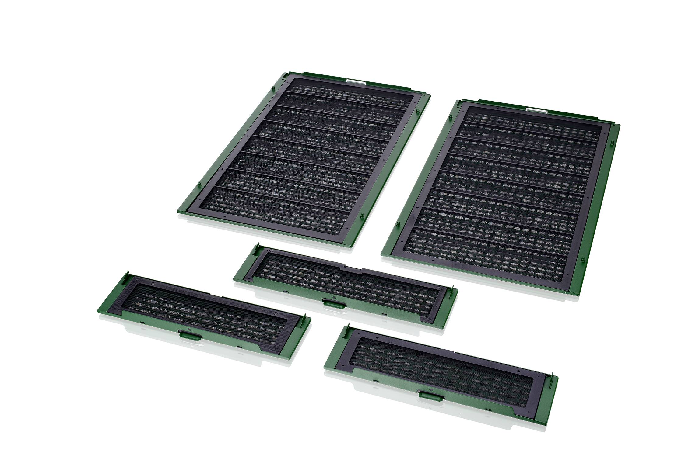 Five green grid rasters in different sized rectangular shapes, arranged on a white surface.