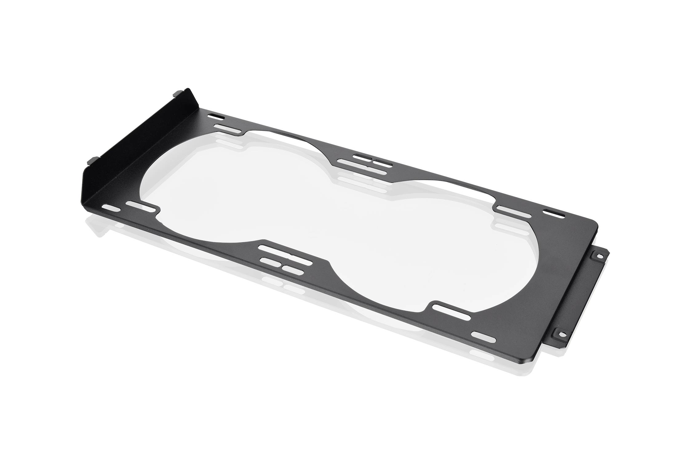 Black, rectangular metal part with rounded cutouts. It has multiple holes and edges, possibly for mounting.