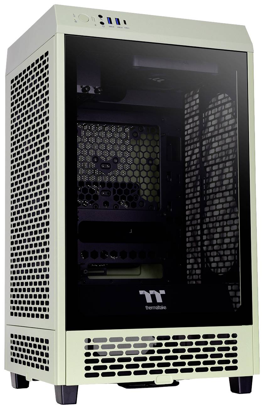 Gaming PC case with a glass front, air circulation through side openings, suitable for high-performance hardware installations.