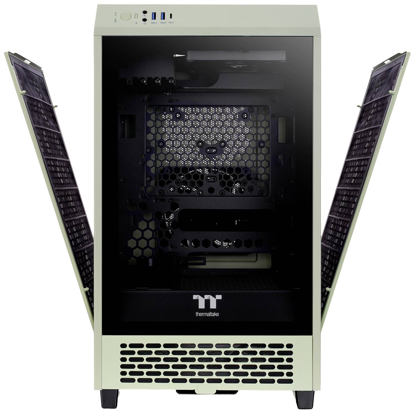 An opened white computer tower case with two open side doors, revealing the empty interior and the front connection panel.