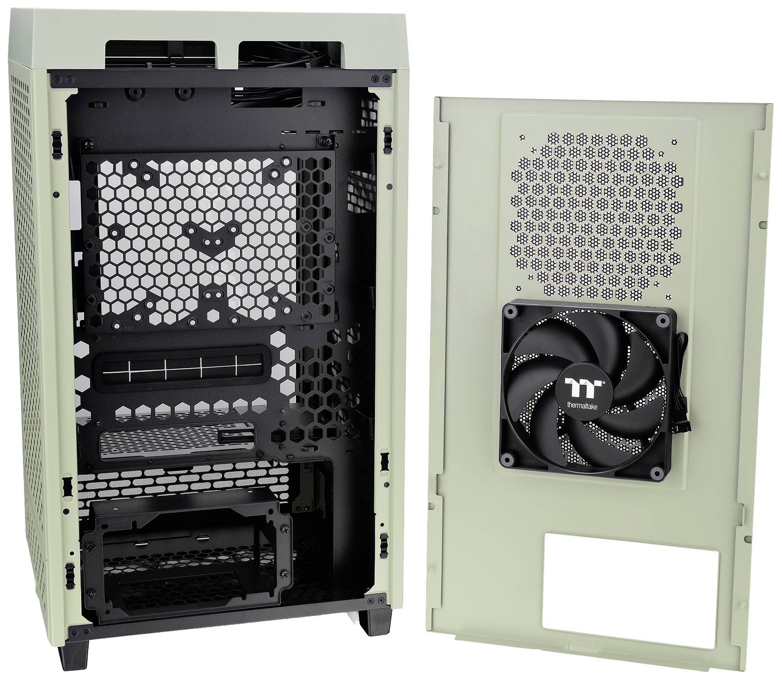 Open computer case in beige with removed front panel. Shows fans, hard drive bay, and honeycomb pattern for air circulation.