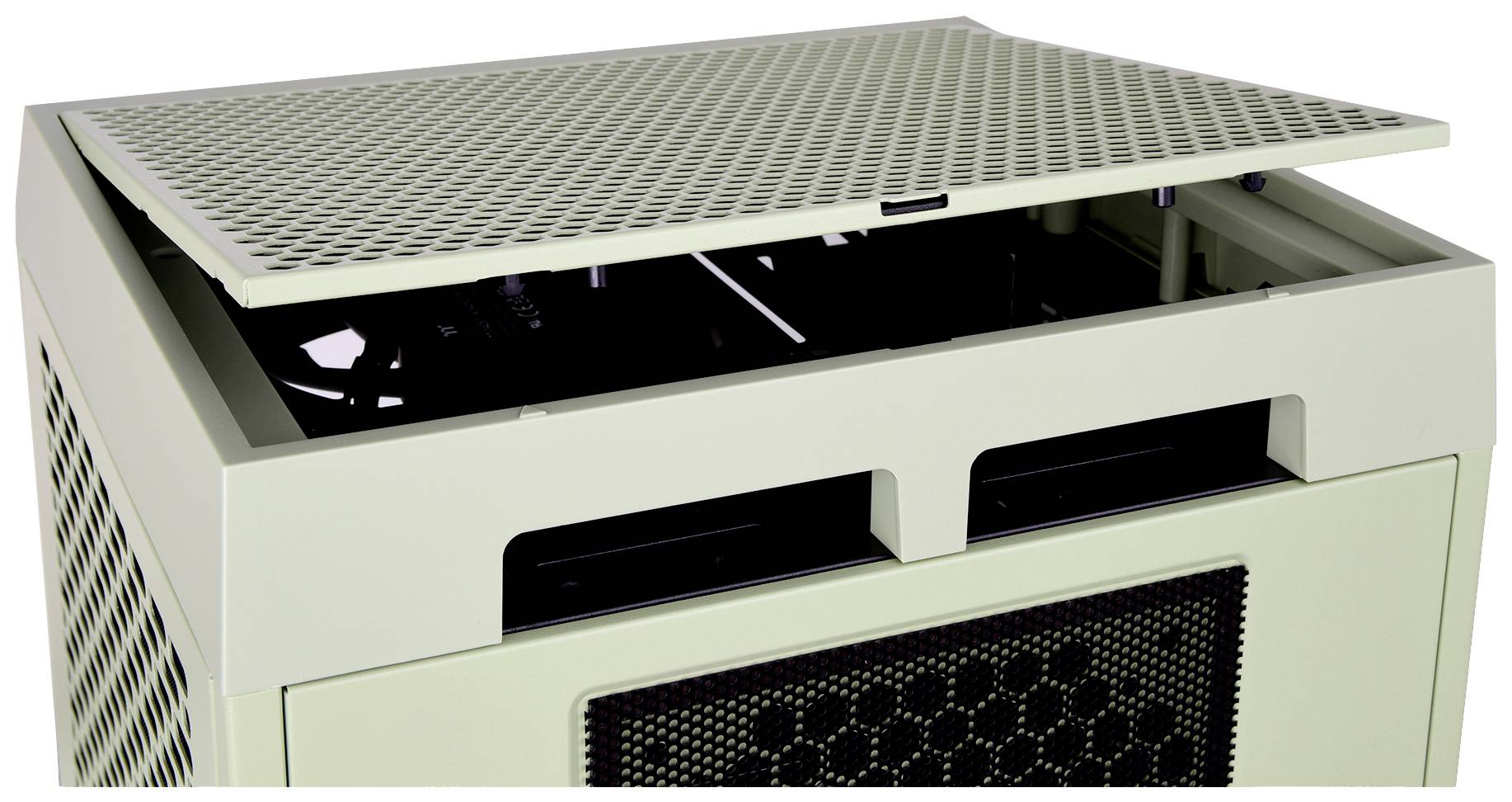 A open, rectangular, beige air purifier with a grille cover. Fans are visible inside.