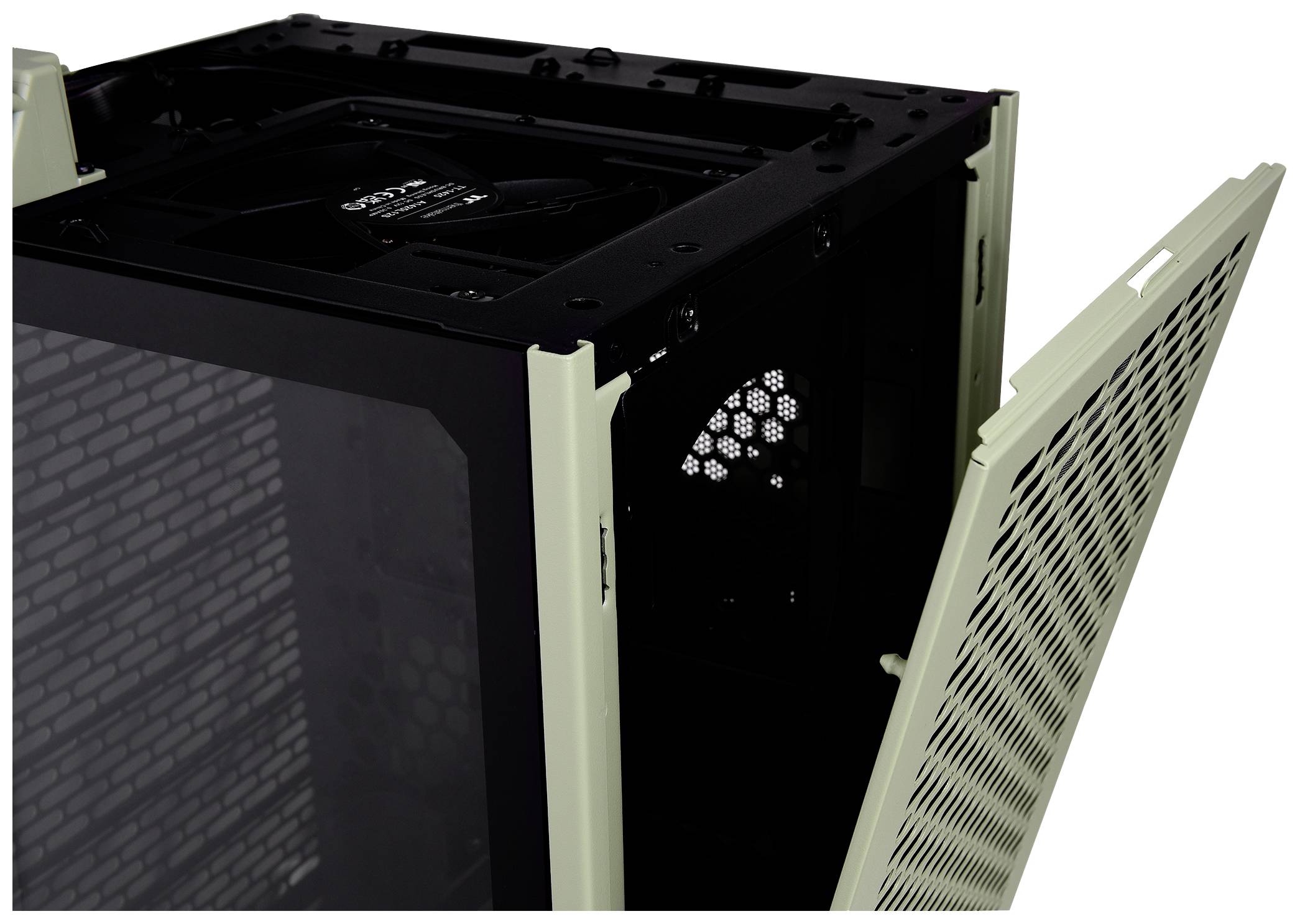 Open computer case with removed side panel and front door, revealing internal structure and fan.