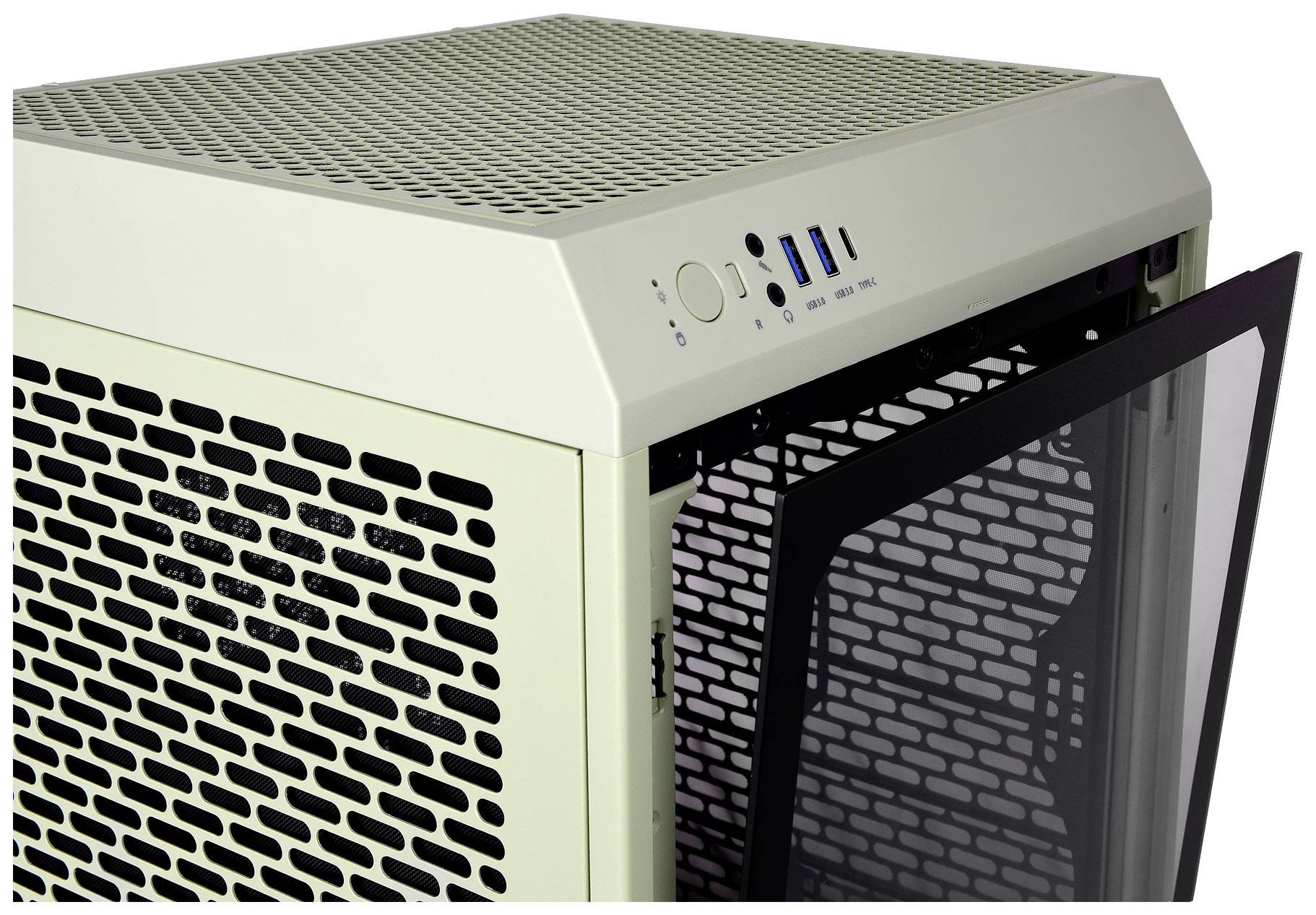 An open computer case with a perforated front panel and USB and audio ports on the top surface.