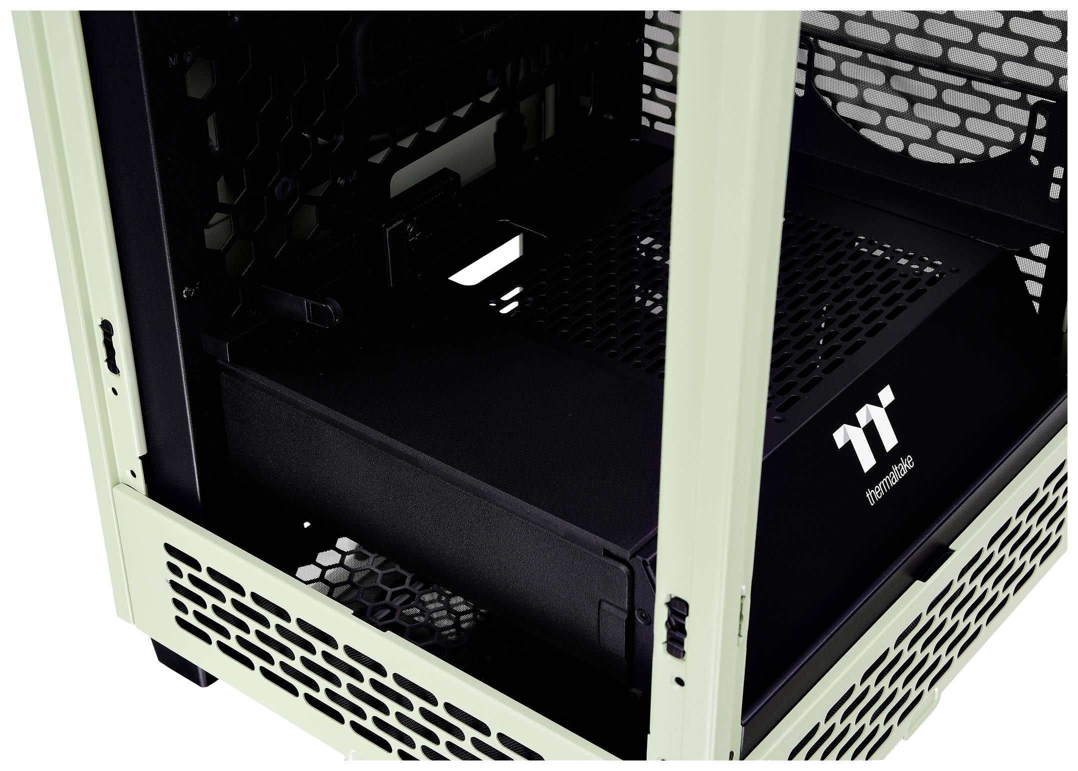 White computer cases with ventilation slots and partially glass side panels. The interior provides space for hardware components.