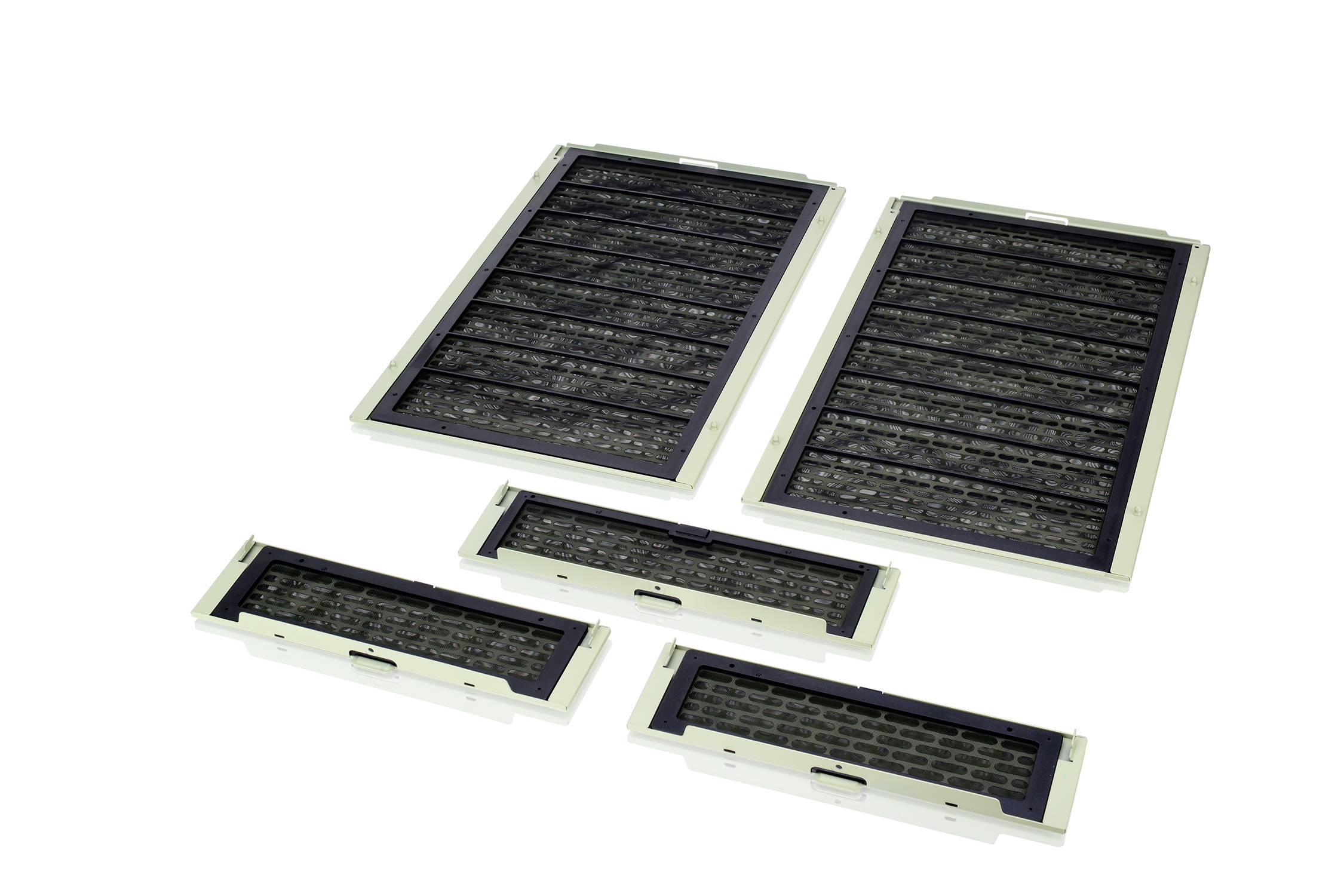 Five rectangular filter grids in two sizes, laid on a white background. The grids are dark with white frames.