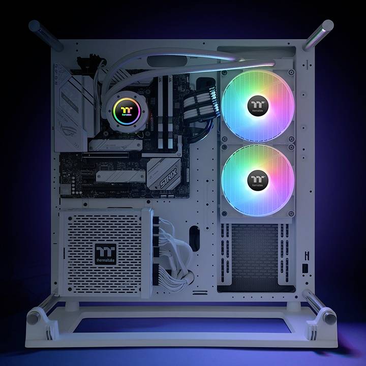 An illustration of an open computer case with visible components, including illuminated, brightly glowing fans.