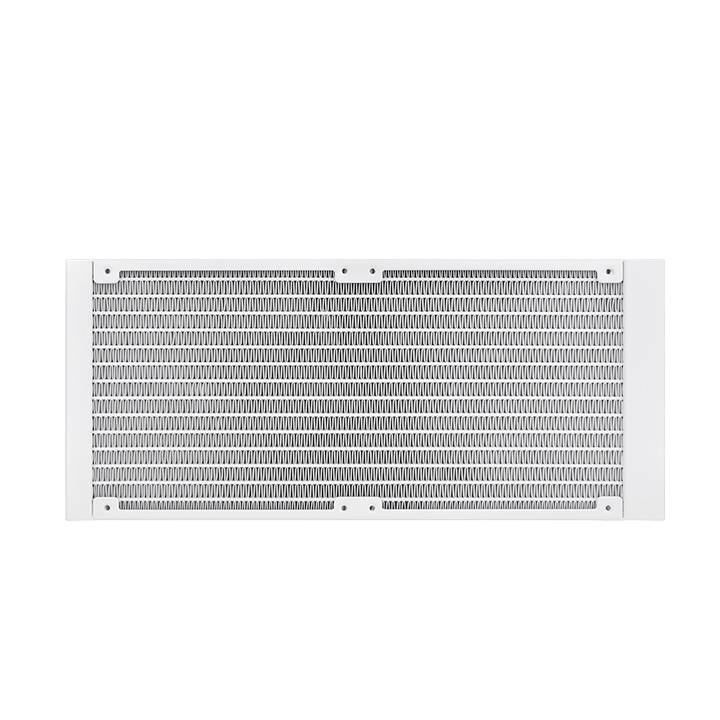 Wall-mounted convector radiator in white, rectangular, with a metal grille on the front.
