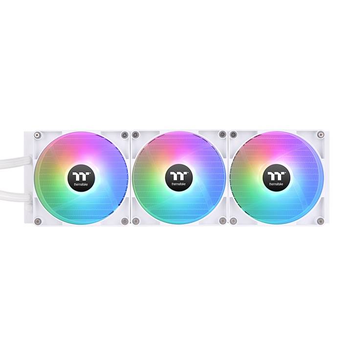 Three side-by-side illuminated fans with rainbow LEDs in a white casing, used for cooling computers.