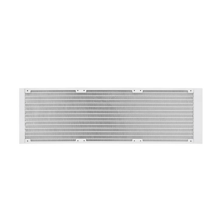 Elongated, rectangular ventilation duct with uniform louvres; used for ventilation or air exchange in buildings.