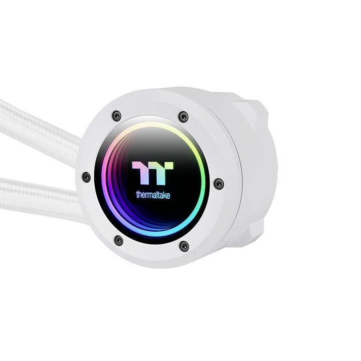 Round white heatsink with Thermaltake logo and RGB lighting, connected by two white tubes.