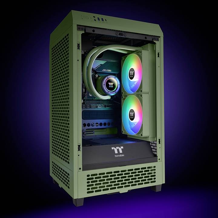 An open computer tower with two illuminated RGB fans and visible hardware, set against a dark blue background.