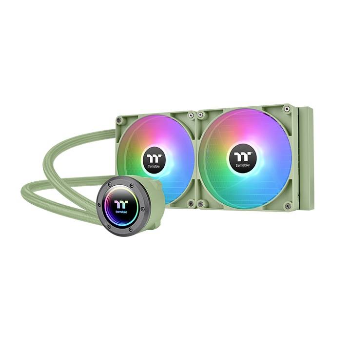 'All-in-one water cooling system with two RGB fans and green heatsink, suitable for PC systems for efficient heat dissipation.'