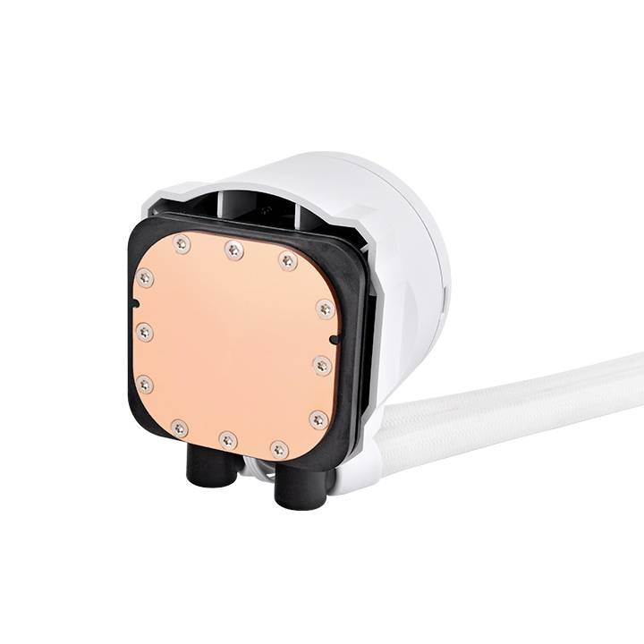 A round copper cooling plate, attached to a white flat water cooling unit with a white hose affixed to it.