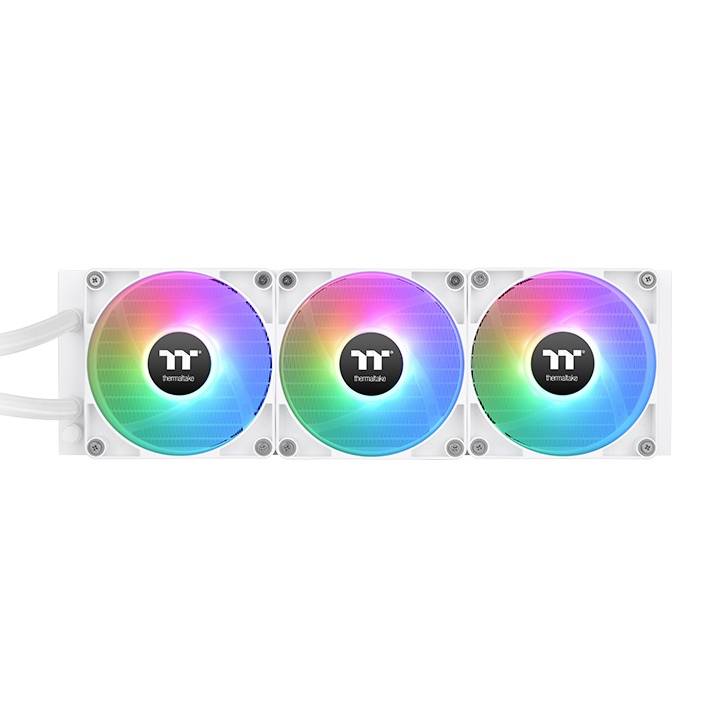 Three side-by-side installed RGB case fans with illuminated colour rings for computer cooling.