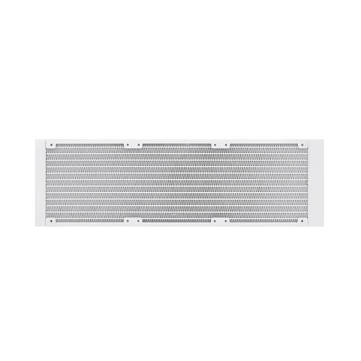 A white rectangular ventilation grille with a fine grid structure, centrally positioned on a white background.