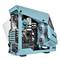 A turquoise, futuristic computer case with an open architecture, with the motherboard, two fans, and other hardware components visible.