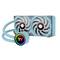 Turquoise CPU water cooling system with two fans and an illuminated logo on the pump. Fan design with striking colour contrast.