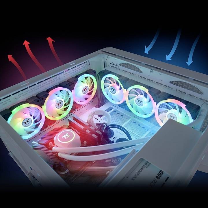 Computer case with colourful LED lighting and multiple fans. Blue arrows indicate air intake, red arrows indicate air exhaust.