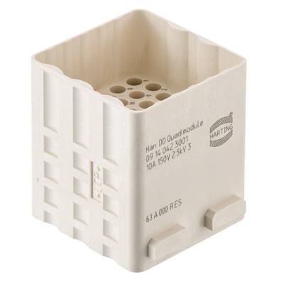 A rectangular connector from Harting with the inscription 'Han DD Quad module' and technical specifications on the side.