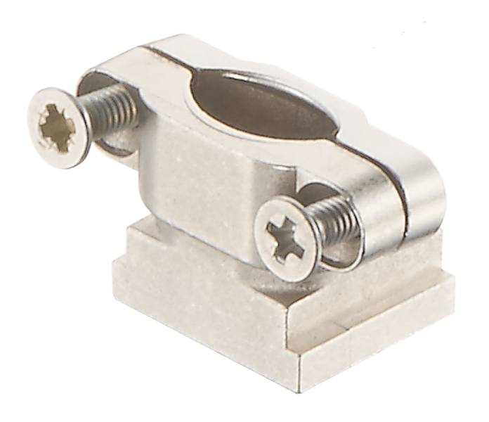 Metal fitting with two screws, an oval opening at the top and a rectangular base, used for securing pipelines.