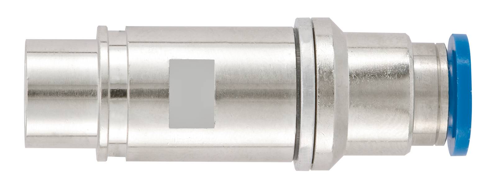 Metallic pneumatic quick-release coupling with silver surface and blue plastic cap. Suitable for compressed air systems.