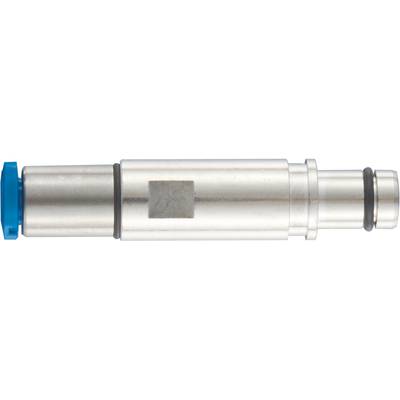 A metallic, cylindrical fitting with two sealing rings and a blue cover on one side, possibly for pipe connections.
