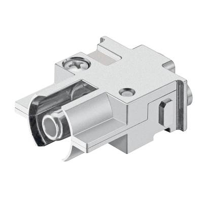 Metallic component with a plug connection, gleaming and intricately shaped, potentially part of an electronic device or machine.