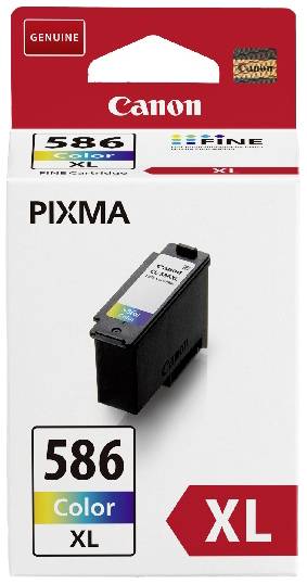 Canon ink cartridge, model PIXMA 586XL in colour, depicted in a red and white packaging, suitable for colour printing.