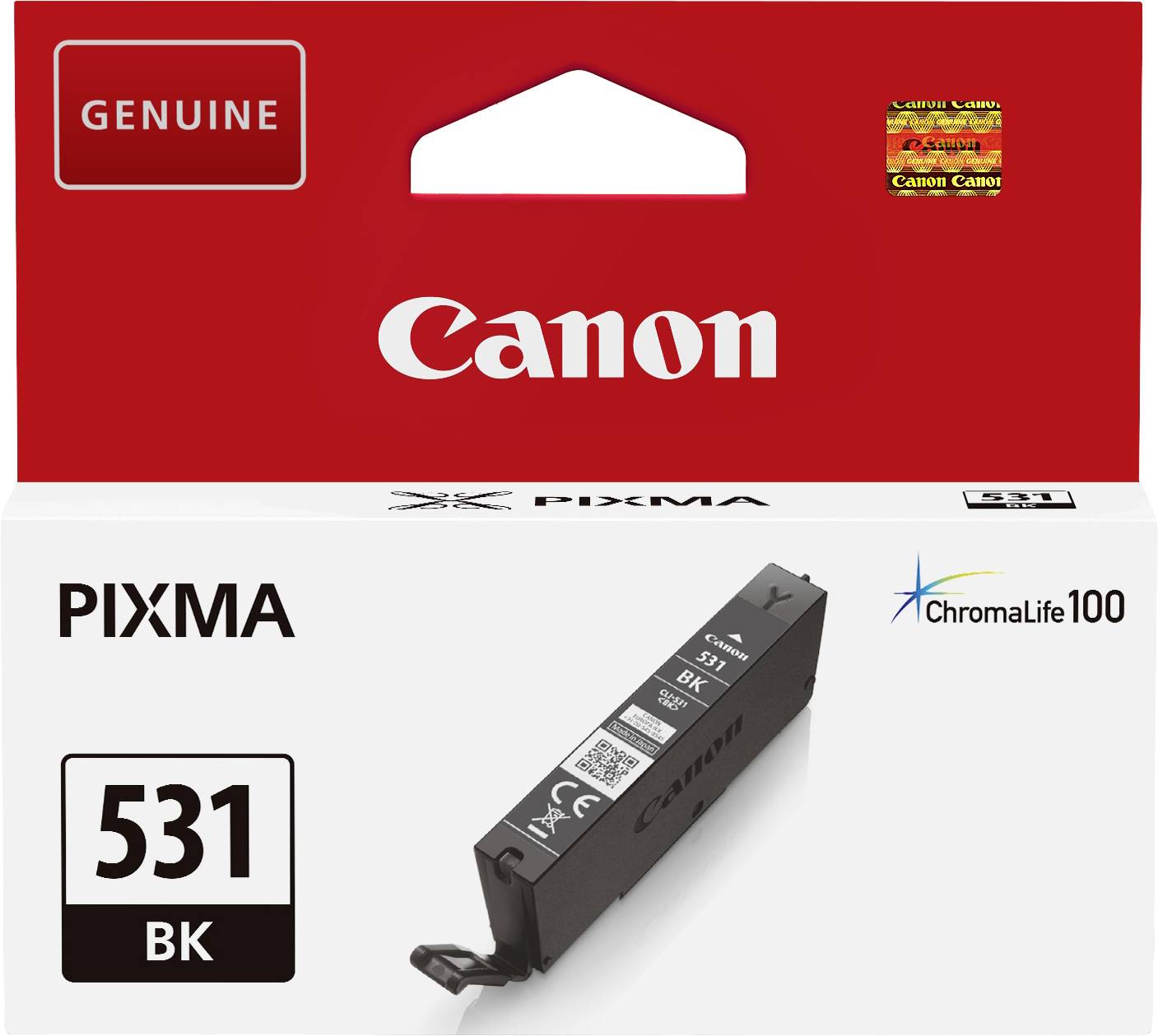 Canon PIXMA 531 BK Ink Cartridge, genuine, ChromaLife100, black ink, in packaging.