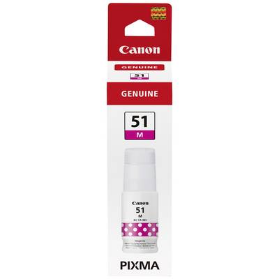 White Canon ink bottle with a pink label and the inscription '51 M' for PIXMA printers, in original packaging.
