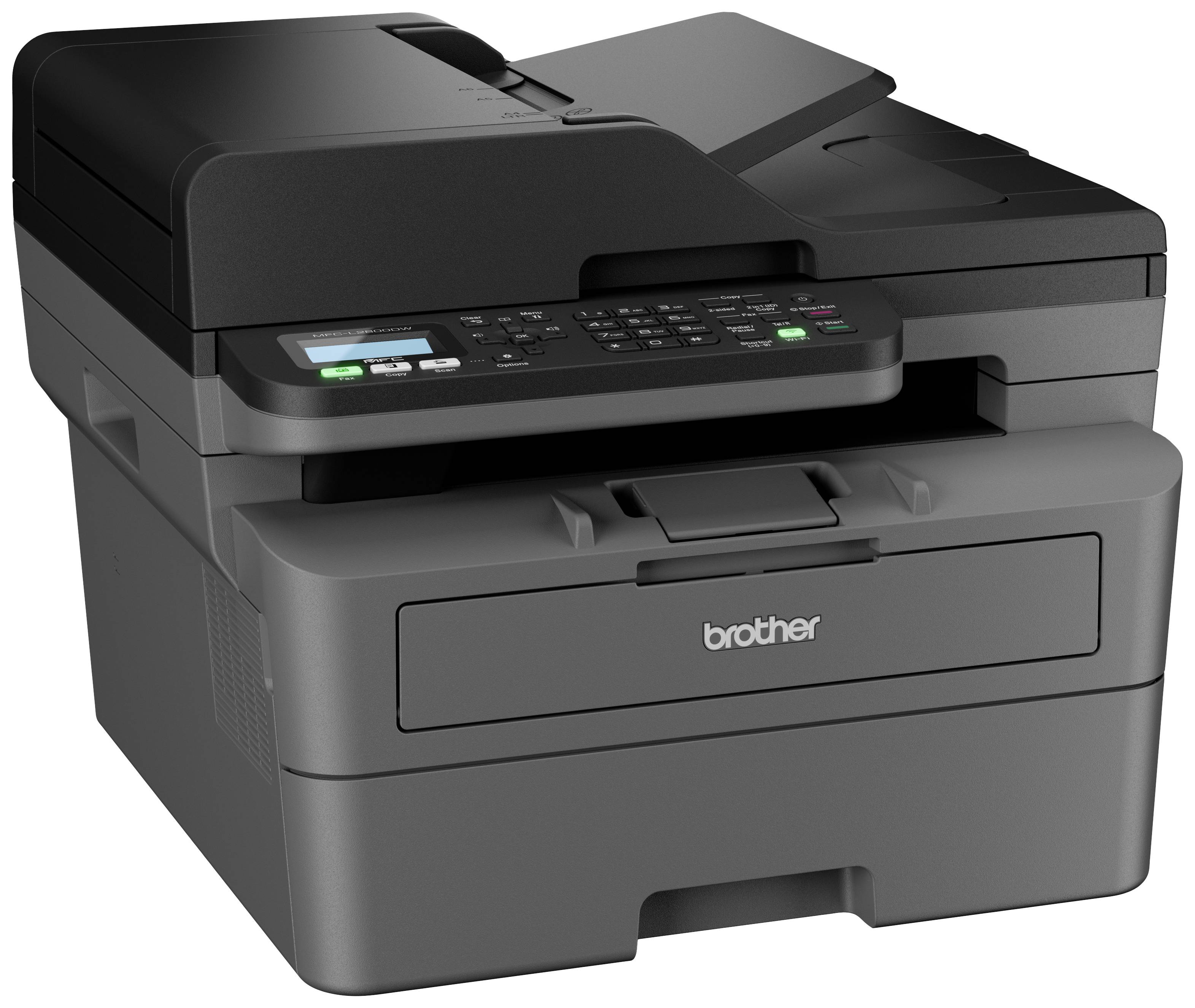Multifunction printer with a black and grey casing, keypad and display on the front. Automatic document feeder on top.