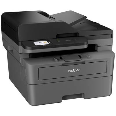A black multifunction printer with integrated scanner, control panel with display and buttons, suitable for office applications.