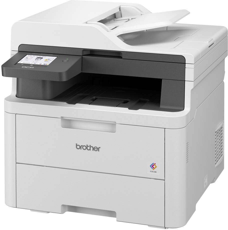 'Grey multifunction laser printer with integrated display in the top left corner. Brand logo on the front. Suitable for office applications.'
