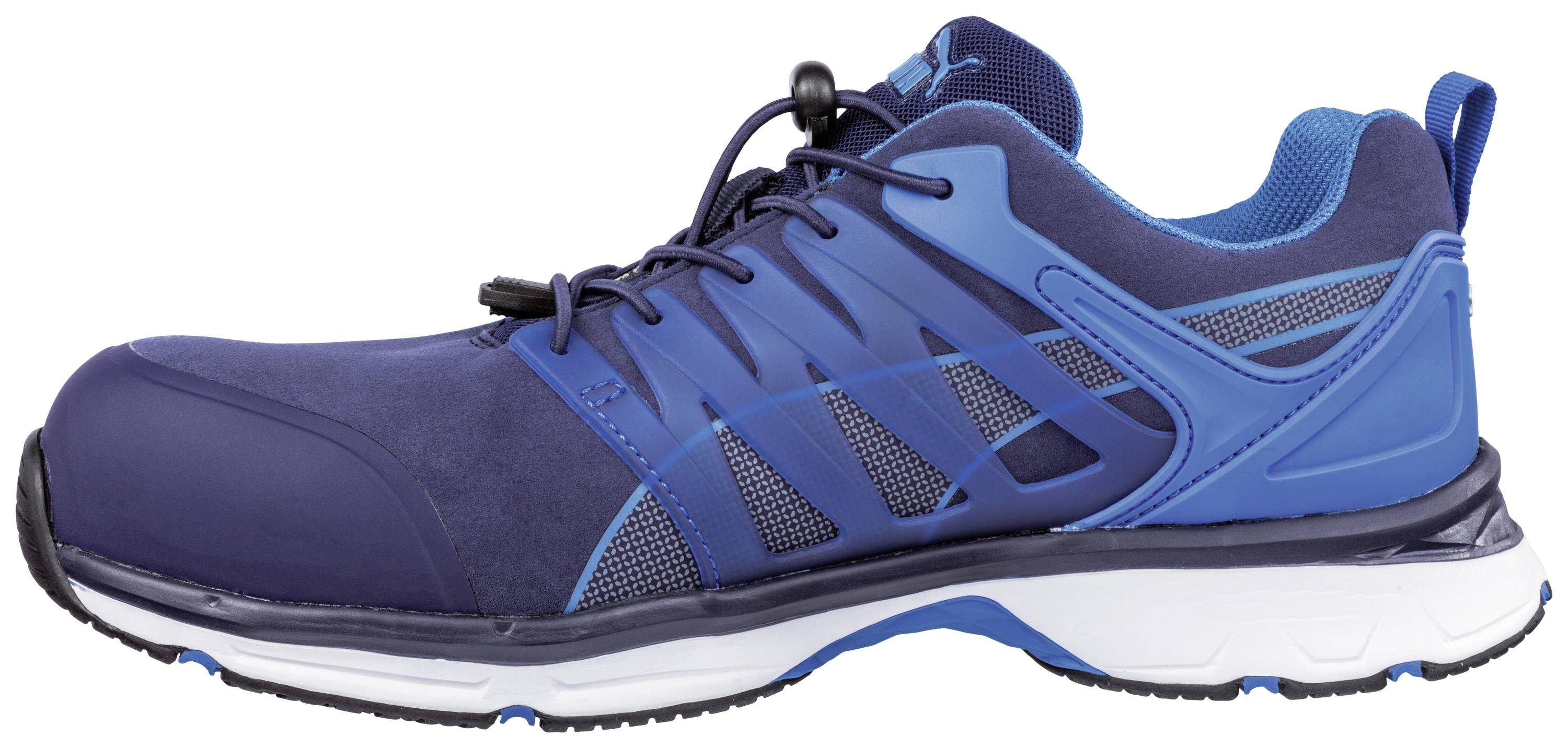 Blue and black sports shoe, side view, with blue sole.<br><br>(Note: The translation is already in standard British English and does not require significant modification.)