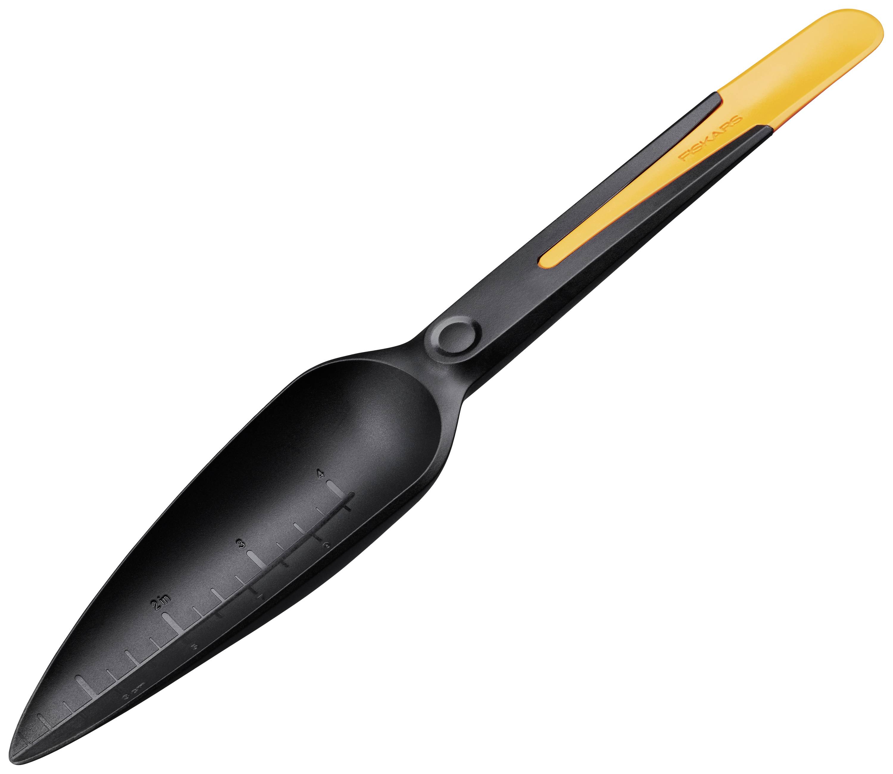 A black spade with an orange handle and measurement lines on the blade for precise digging.