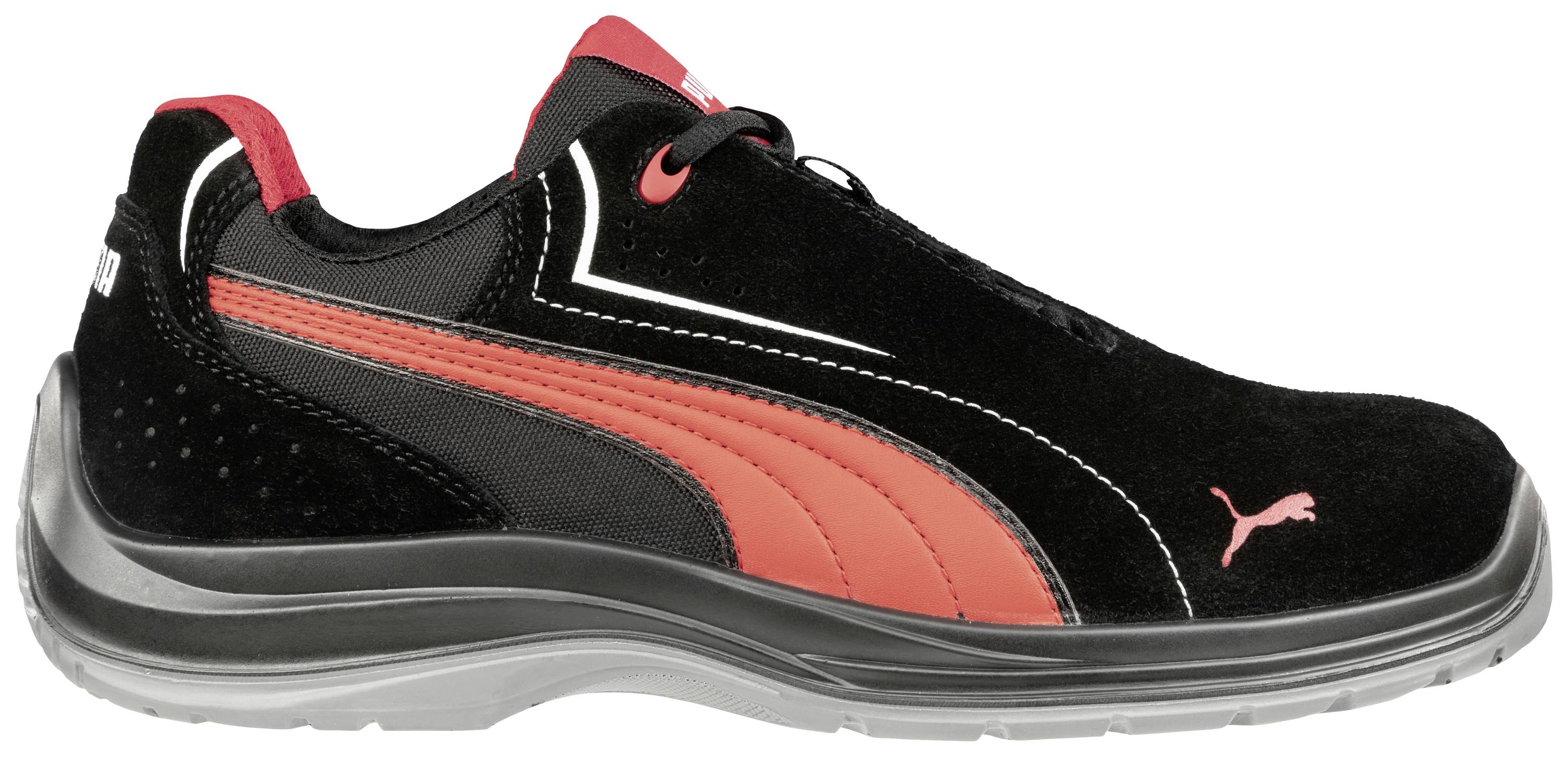 Black sports shoe with red stripe, white logo, and red inner lining. Suitable for sporting activities.