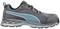 Grey sports shoe with turquoise logo and white accents, side view, on a white background.
