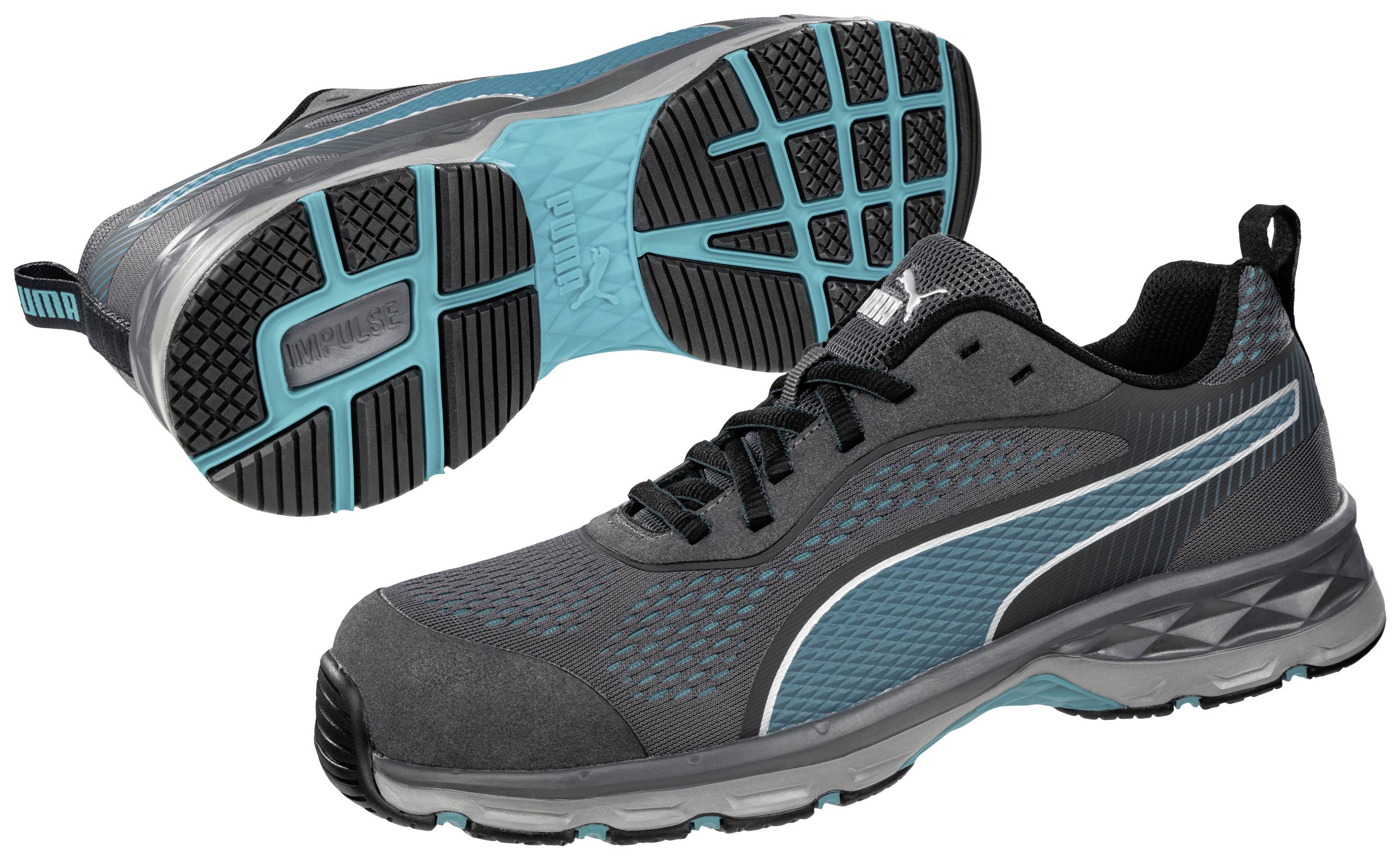 Grey sports shoe with turquoise accents, side logo stripe, and grippy rubber sole, suitable for running.